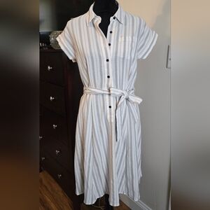 Calvin Klein Gray and White Striped Midi Dress